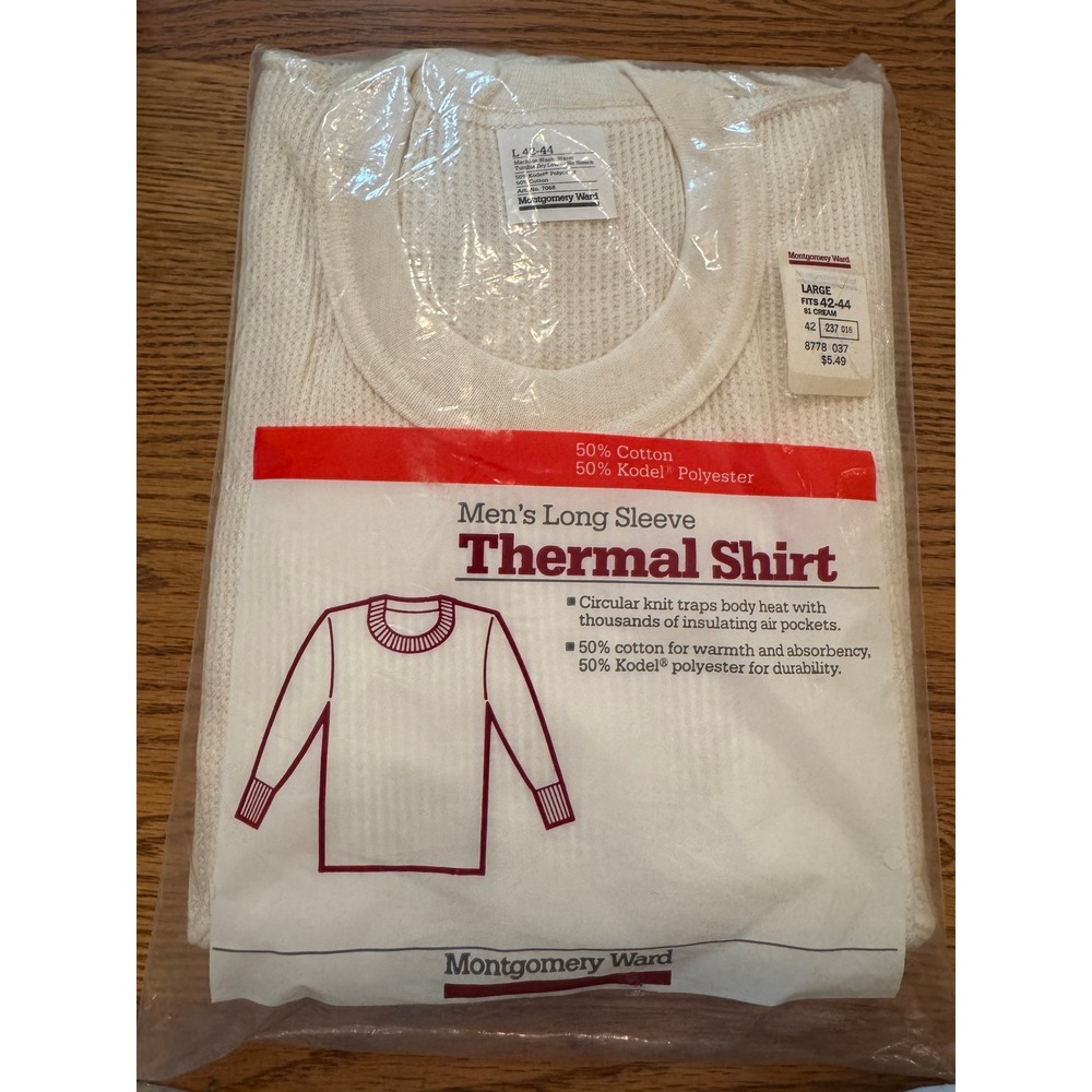 Vtg Montgomery Ward Mens Thermal Shirt Cream Long Sleeve Waffle Knit Large 7068